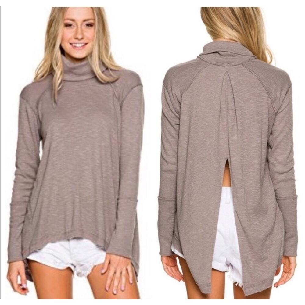 Free People Top Split Back Nutmeg Brown Turtleneck Blouse S Sweater Shirt Boho